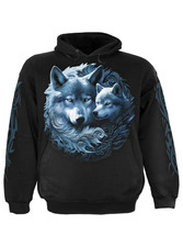 Black Gothic Hoodie Pullover Sweatshirt with Wolf Spirit Fantasy Print
