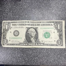 Five In A Row 0s Quints 10000033  Fancy Serial Number $1 Dollar Bill