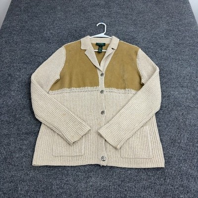 Lauren Ralph Lauren Cardigan Womens L Beige Silk Linen Suede Yoke Western Boho