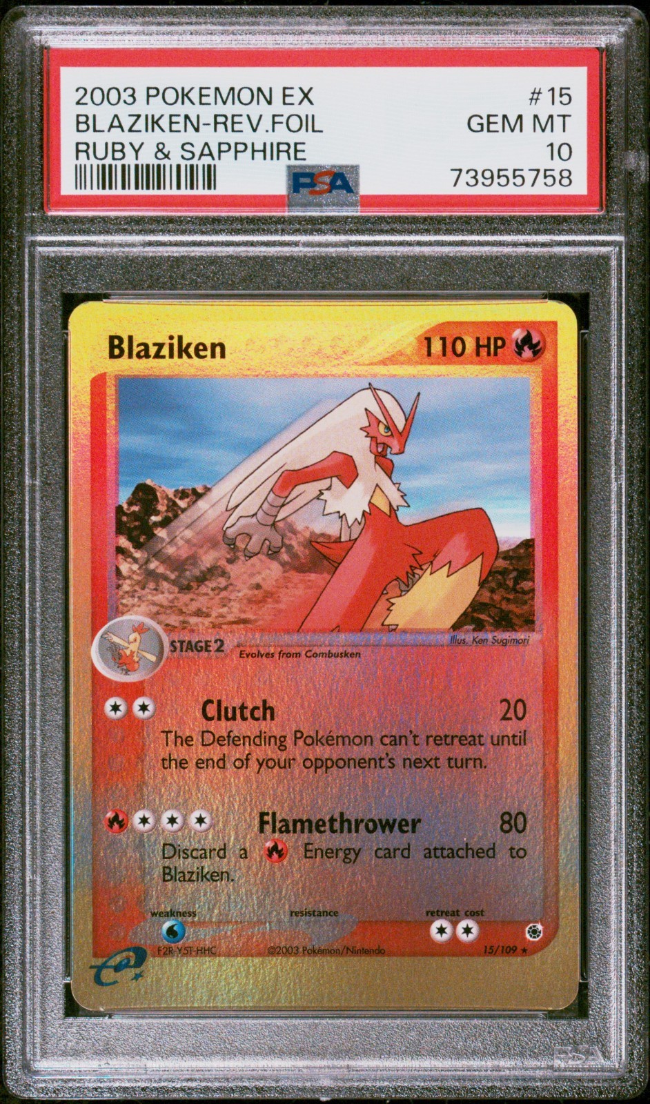 Blaziken EX Ruby and Sapphire Reverse Holo Rare Card 15 LOW POP *POP 8* PSA 10