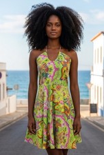 TAILOR New York Dress Halter Drawstring Colorful Floral Green Fit Flare Sun