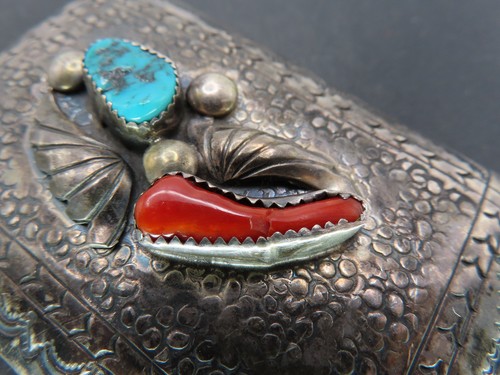 Navajo Richard Henry Yazzie Sterling Silver & Turquoise/Coral Belt Buckle, 35.1g - Picture 3 of 8