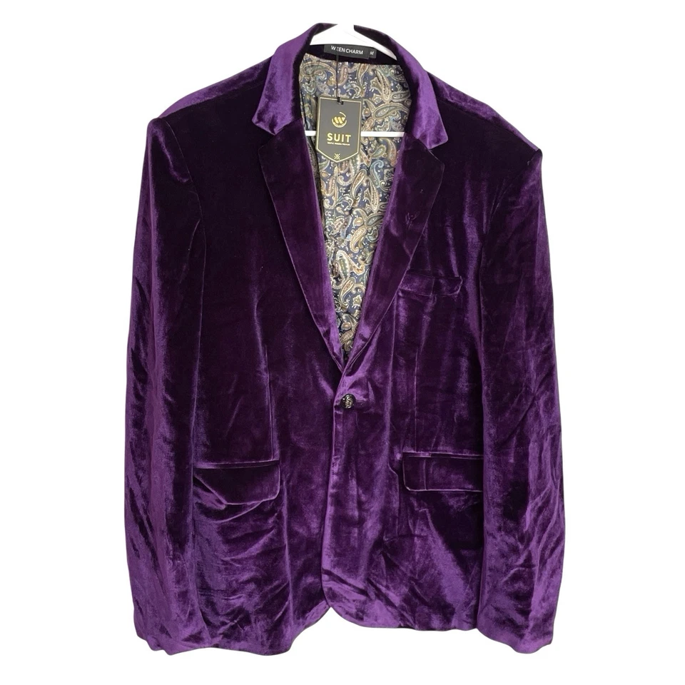 Ween Charm Crushed Velvet Blazer Jacket Mens XL Purple 1 Button Formal Tuxedo - Image 2 of 4