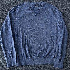Polo Ralph Lauren Sweater Mens Medium Blue Washable Merino Wool V-Neck Pony