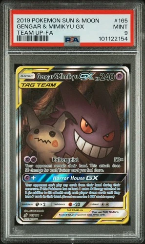 2019 POKEMON SUN & MOON TEAM UP #165 FULL ART/GENGAR & MIMIKYU GX PSA 9