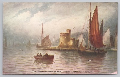 Tower of Refuge und Douglas Leuchtturm Isle of Man IOM Boote Vintage Postkarte
