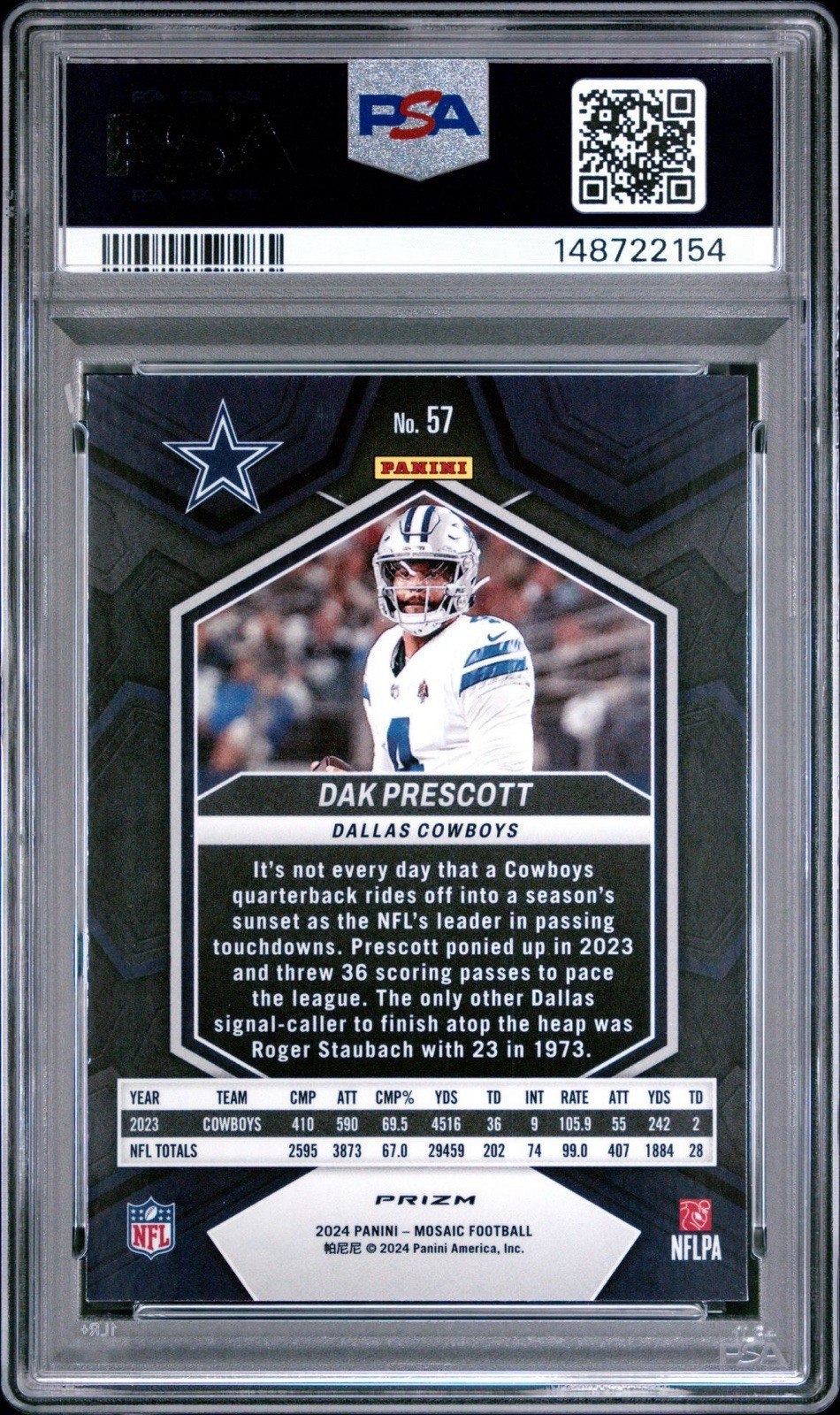 PSA 10 POP 1 2024 Panini Mosaic Dak Prescott #57 Reactive Blue Mosaic Prizm view 3