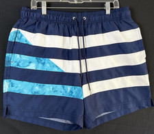 Lands End Mens Large Blue White Stripe Color Block Swim Trunks Drawstring Liner