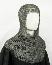Chainmail Hood Reenactment Armor LARP Flat Riveted Chain Mail Coif Mild Steel