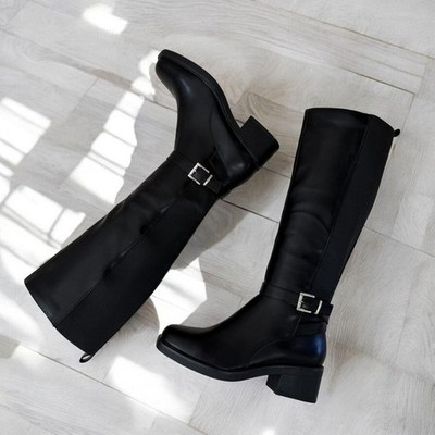 Damenstiefel schwarz kniehoch Reitstil Kunstleder Stretcheinsatz seitlicher Reißverschluss