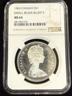 1965 Canada Silver Dollar Coin ~ NGC MS63 ~ Small Beads Blunt 5