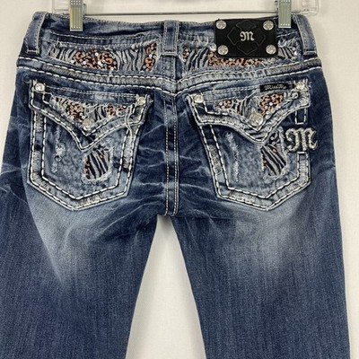 Miss Me Signature Rise Boot Cut Jeans Womens Size 27/33 Med Wash Flap Pockets