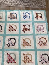 Vintage Handmade Quilted Cotton Quilt 74 x 74 baskets turquois pastels