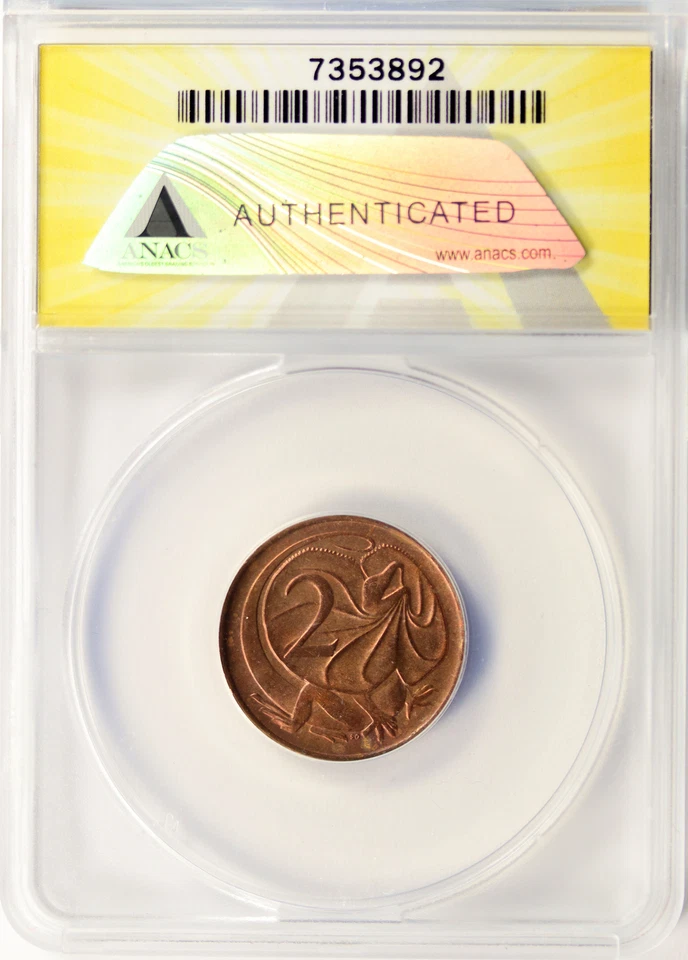 Australia 1968 2c dos centavos ANACS MS64 RB Reina Isabel II Foto 2 de 4