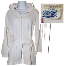 Rare Vintage 1960’s Sherry Miami White Hooded Beach Coverup Full Zip Textured M