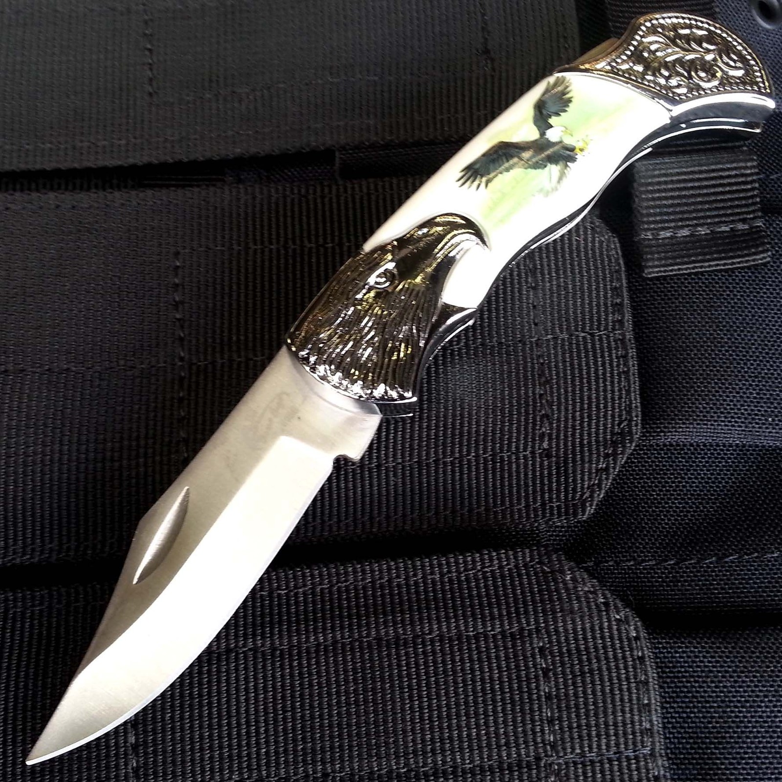 7.25" Silver BoneEdge Eagle bolsters handle Stainless Steel Folding