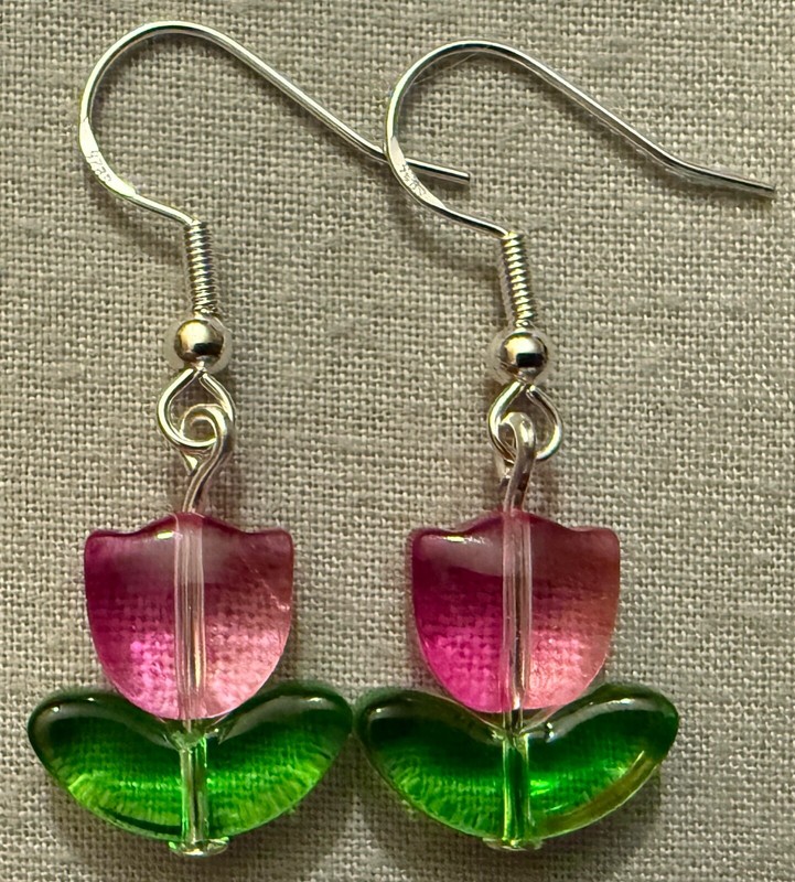 PINK TULIP FLOWER GLASS BEAD EARRINGS with Sterling Silver Ear Wires #1