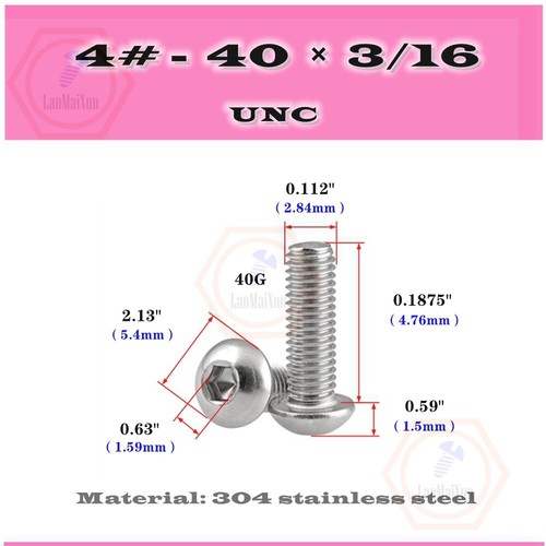 4#-40 British System 304 Acero Inoxidable Allen Hexagonal Enchufe Botón Cabeza Tornillos Pernos - Imagen 5 de 15