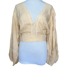 BOG Band of the Free Brie Light Camel Long Sleeve Top Lace Insets V Neck Medium