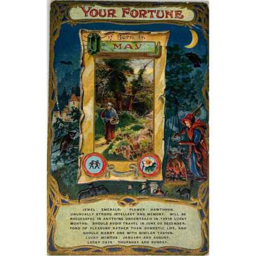 Antique Fortune If Born in May Embossed Birth Month Postcard Handwriting Taurus - 第 1/4 張圖片
