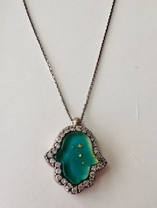 Authentic Opalite & Cubic Zirconia Hamsa Pendant Rose Gold Plated & Silver
