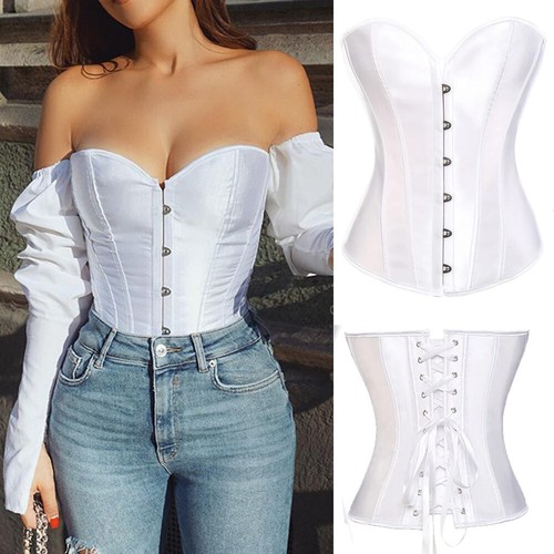 Women Lace-Up Boned Bustier Corset Overbust Burlesque Top Lingerie Waist Cincher - Picture 21 of 34
