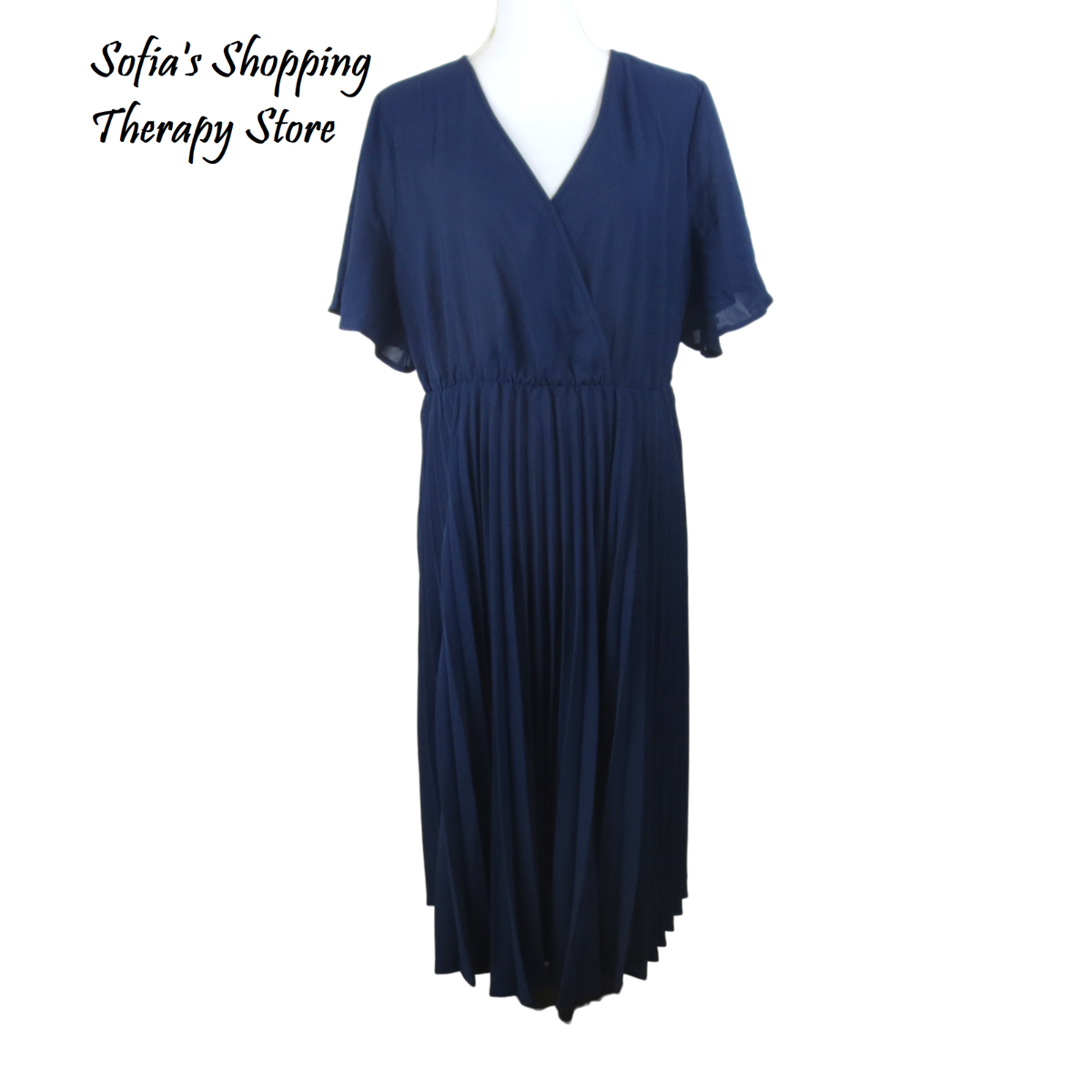 Bloomchic 14 16 1X Solid V Neckline Flutter Sleeves Pleated Hem Midi Navy  Dress | eBay