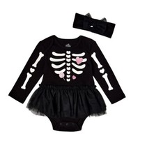 NWT Baby Girls Black Halloween Skeleton Tutu w/ Matching Headband 6-9 Months