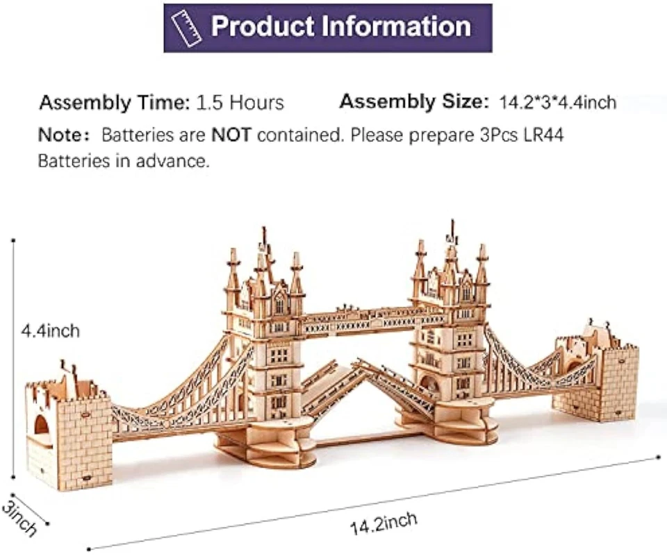 3D Wooden Puzzles London Tower Bridge Model Kit Led Light DIY Games Gift - Image 2 of 4
