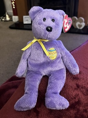Sehr guter Zustand Ty Beanie Baby Plüsch Eier III (3) Osterbär im Ruhestand lila mit Etikett