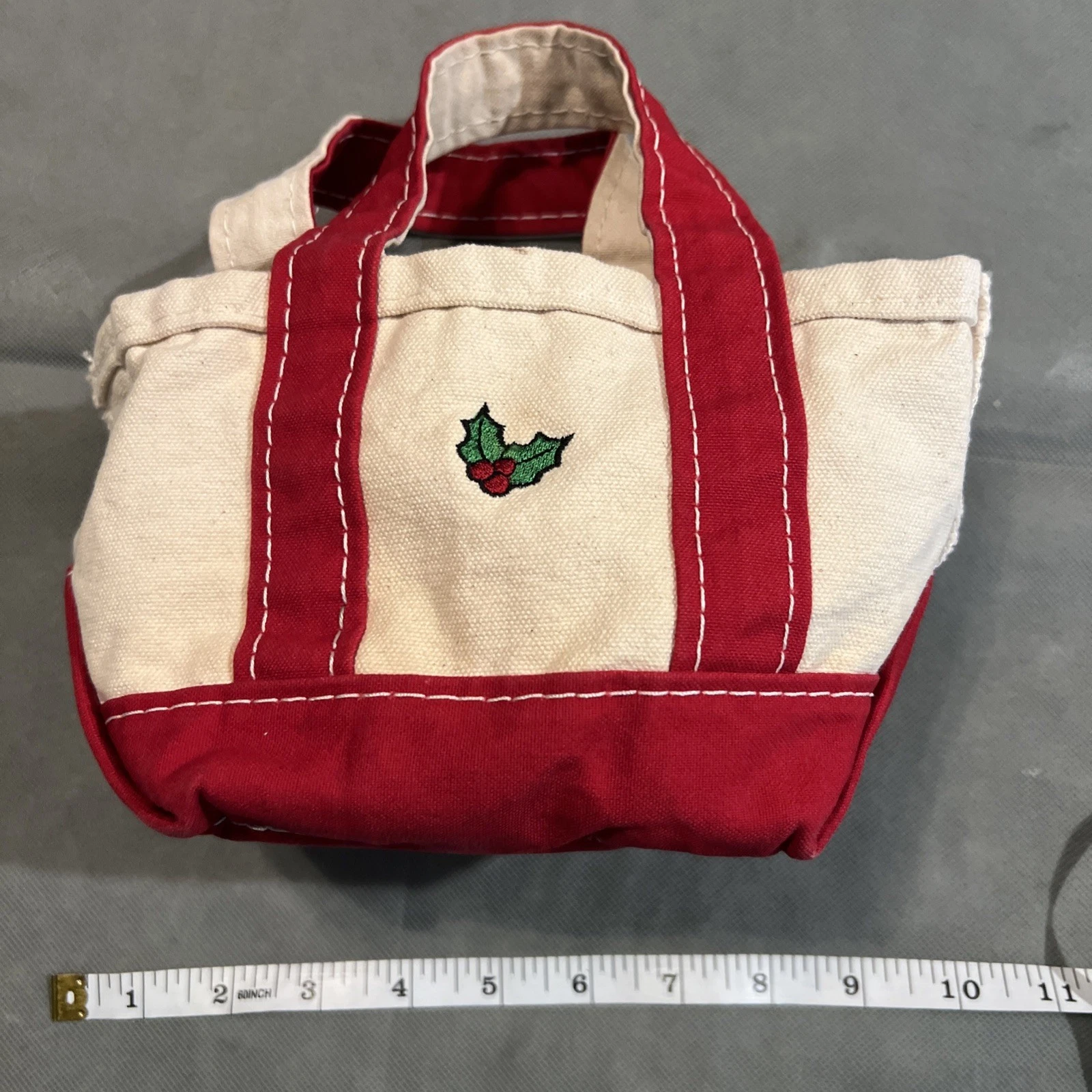 LL Bean Boat & Tote Red Poinsettia Canvas Double Handle Mini Tote Bag