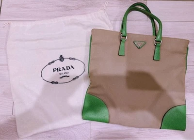 Auth PRADA sac à main fourre-tout toile cuir vintage rare beige vert femme - Photo 1/4