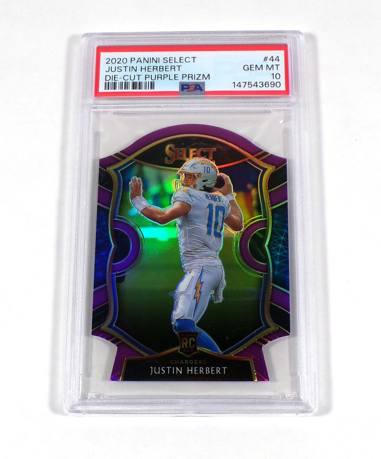 2020 Panini Select Justin Herbert Rookie Die-Cut Purple Prizm Concourse PSA 10
