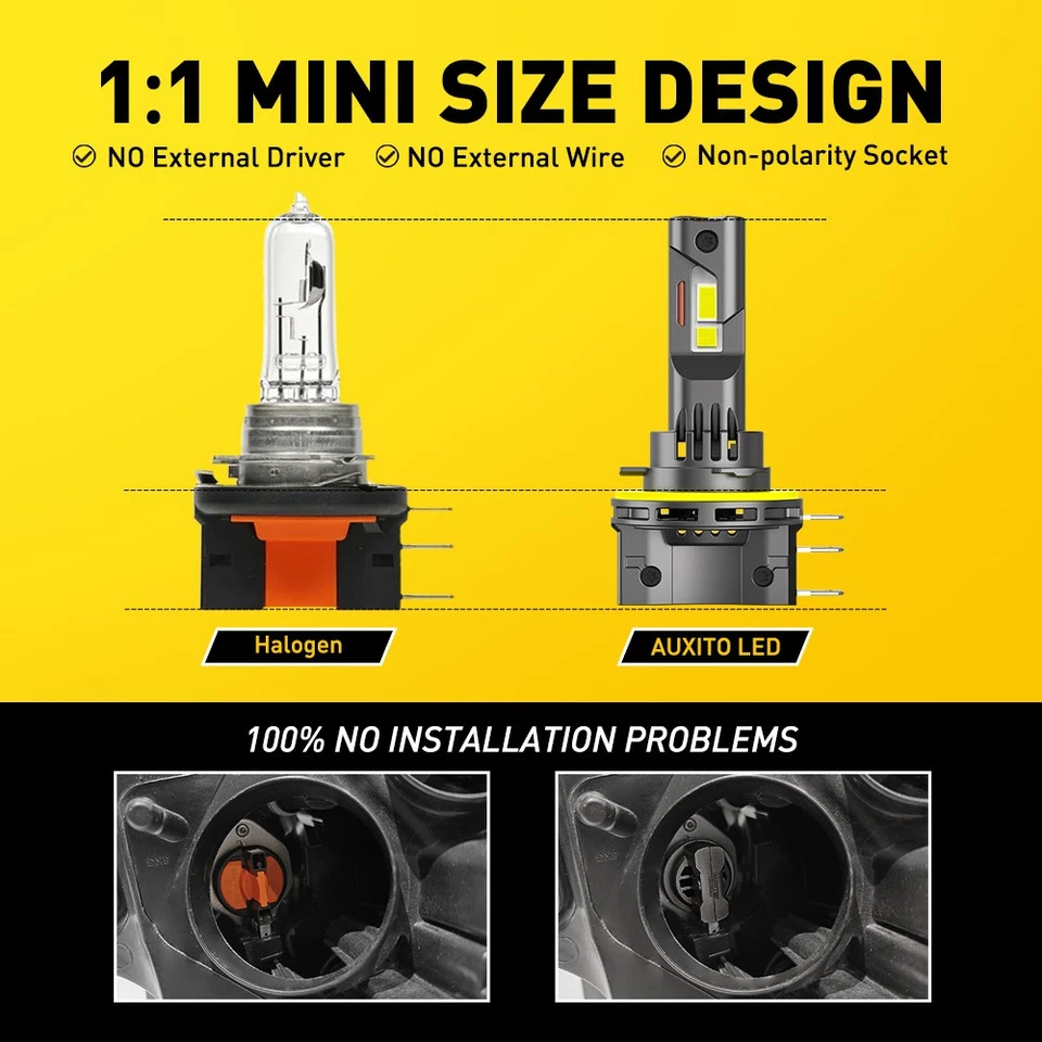 AUXITO H15 LED Faros Bombillas Luz Alta Baja DRL 6000K Lámpara Blanca Brillante 2x Foto 4 de 4