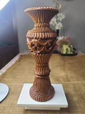 VTG hand turned wood 10" SIGNED vase detailed Scroll BOHO RUSTIC Woodland