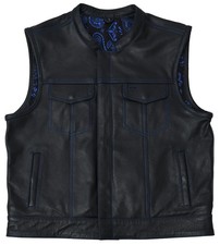 Men's Motorcycle Leather Vest Club Style   Biker Vest With Blue Paisley