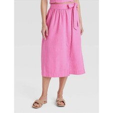 A New Day Pink Linen Blend Wrap Crossover Midi Skirt Side Tie Size Women  s Med