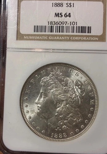 1888 P NGC MS 64 MORGAN SILVER DOLLAR Fattie Holder Blast White A+ Luster +Date