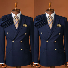 Business Office Men Suits Double Breasted 2Pcs Navy Blue Evening Jacket Tuxedo