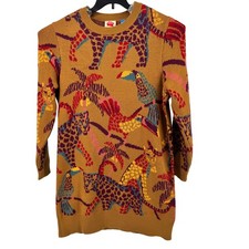 Farm Rio Anthropologie Sweater Dress Womens L Mustard Yellow Bird Leopard Knit