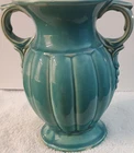 McCoy Turquoise Ceramic Vase with Handles, Decorative Glossy Incised Backstamp