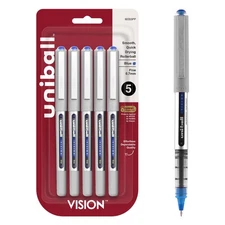 uniball Vision Rollerball Pens Fine Point 0.7mm Blue 5 Pack