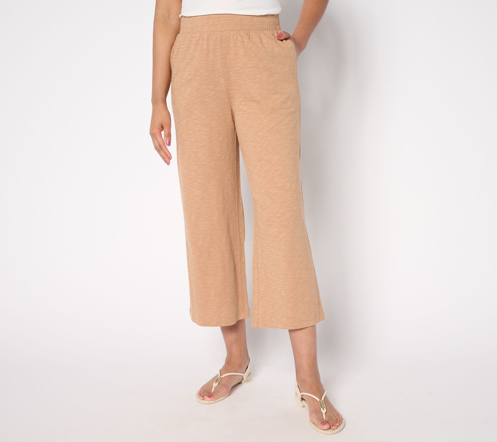 Denim & Co. Women's Pants Sz L Beach Linen Blend Wide Leg Crop Pant Brown