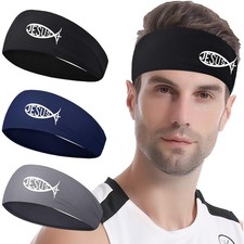 3pcs Sweat Band Headbands for Men Women Christian Jesus Fish Cross Sports Swe...