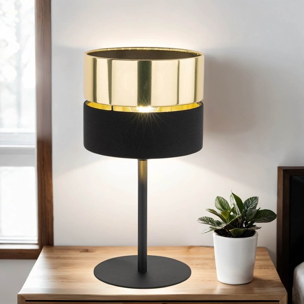 Tischlampe Tischleuchte E27 Ø 20 Cm H: 38,5 Cm Stoff Metall In Schwarz Gold-image