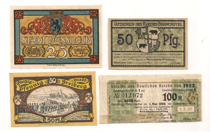 #A1533 Lot of four German Notes notgeld & Weimar Republic bond Coupon 1920-1922