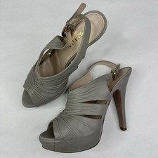 Prada Grey Leather Ruched Peep Toe Slingback Platform Stiletto Heels 37.5/US 7