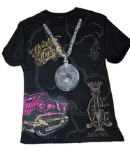 Christian Audigier T-Shirt Men's M Black Rhinestones Silver Chains Rims Cadillac