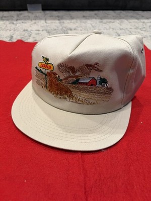 Vintage K-Products Dekalb Hat w/ Dog Farm Scene Tan Embroidered Cap MADE IN USA