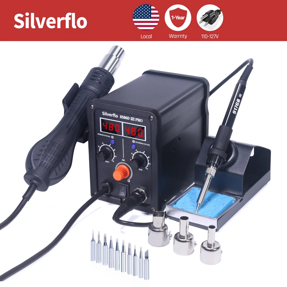 SILVERFLO 780W Soldering iron Hot Air Gun Welding Station 2 in 1 Soldering Tool kit